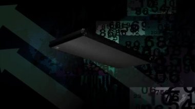 Cep telefonları ekran boyunca hareket eden oklarla ve arka planda rastgele numaralarla yanıp sönüyor.