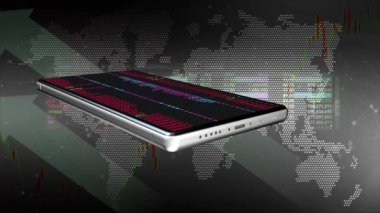 Cep telefonları ekran boyunca hareket eden oklarla ve arka planda rastgele numaralarla yanıp sönüyor.