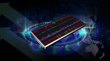 Cep telefonları sürekli ekranda yanıp sönüyor. Arkaplanda bir dolar işareti var. Hisse senedi alım satım rakamlarının arkasında..