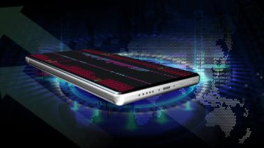 Cep telefonları sürekli ekranda yanıp sönüyor. Arkaplanda bir dolar işareti var. Hisse senedi alım satım rakamlarının arkasında..