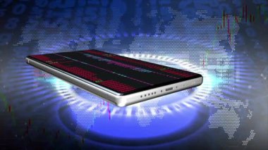 Cep telefonları sürekli ekranda yanıp sönüyor. Arkaplanda bir dolar işareti var. Hisse senedi alım satım rakamlarının arkasında..