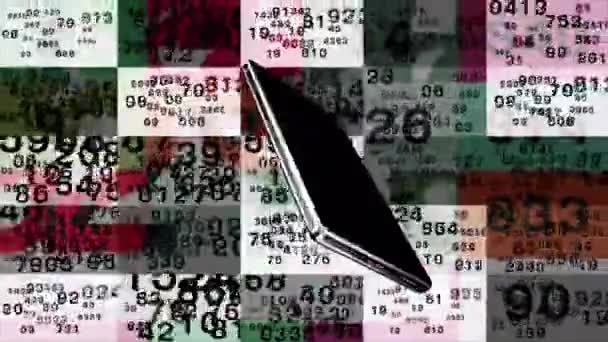 Mobile Phones Swirl Numbers Constantly Flashing Screen Background World Map — Vídeos de Stock