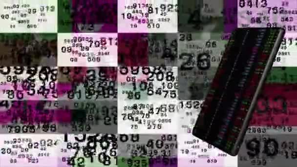 Mobile Phones Swirl Numbers Constantly Flashing Screen Background World Map — Vídeos de Stock