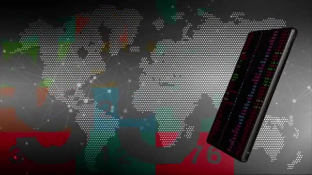 Mobiltelefone Wirbeln Herein Auf Einem Hintergrund Mit Weltkarte Und Zufallszahlen — Stockvideo