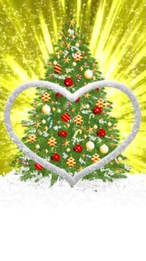 Beyaz kürklü kalpler Noel ağacının ortasında ve arkasındaydı ve ışık ışınları daimi olarak dağılmıştı..