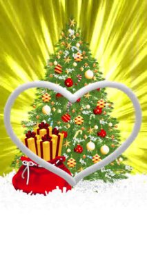 Beyaz kürklü kalpler Noel ağacının ortasında ve arkasındaydı ve ışık ışınları daimi olarak dağılmıştı..