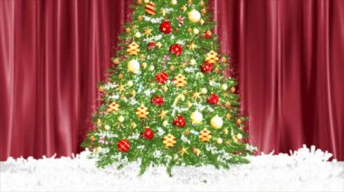 Arkasında sallanan bir kumaş olan parlak yeşil bir Noel ağacı..