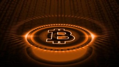 Bitcoin sembolü çemberin merkezinde ve arkasında rastgele numaralar var..