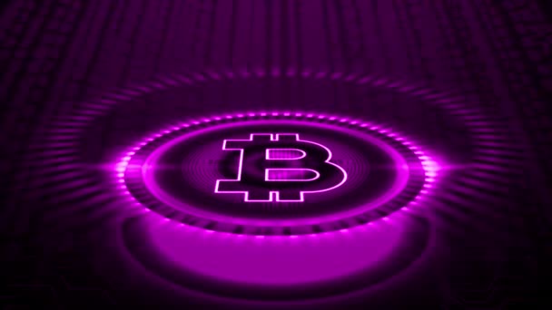 Símbolo Bitcoin Está Centro Del Círculo Parte Posterior Tiene Números — Vídeos de Stock