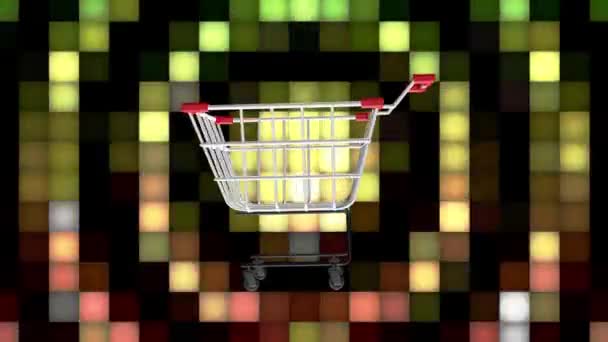 Los Símbolos Del Carrito Compras Giran Continuamente Sobre Fondo Colorido — Vídeo de stock