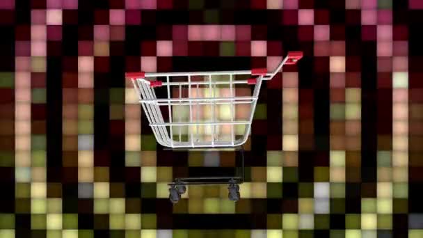 Los Símbolos Del Carrito Compras Giran Continuamente Sobre Fondo Colorido — Vídeos de Stock