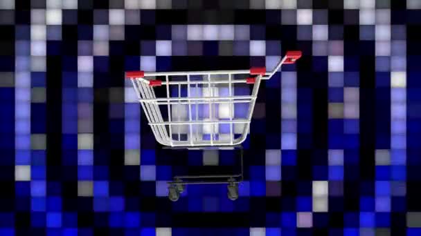 ショッピングカートのシンボルはカラフルな背景で連続的に旋回します — ストック動画