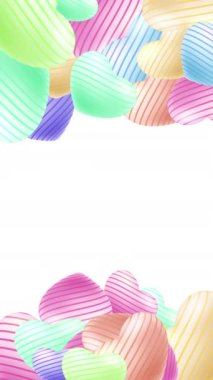 Beyaz arkaplana dağılmış renkli kalpler.