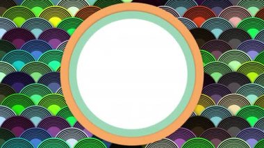 Many colorful fish scales overlap each other and have a circle in the center.