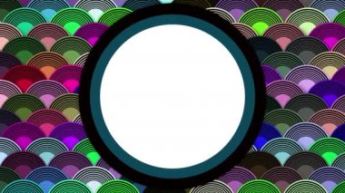 Many colorful fish scales overlap each other and have a circle in the center.