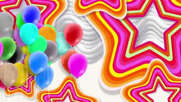 Kleurrijke Ballonnen Zwaaien Continu Wind Een Kleurrijke Achtergrond — Stockvideo