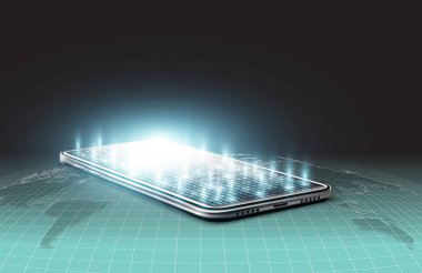 Ekranda ışık olan 3d cep telefonu dünya haritasına yerleştirildi