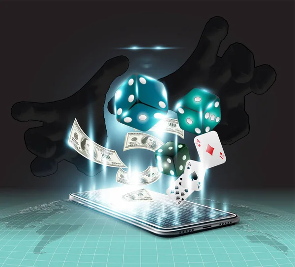 Üç boyutlu bir cep telefonunun ekranında yüzen zar, kart ve para. Karanlıktaki insanların gölgeleri.