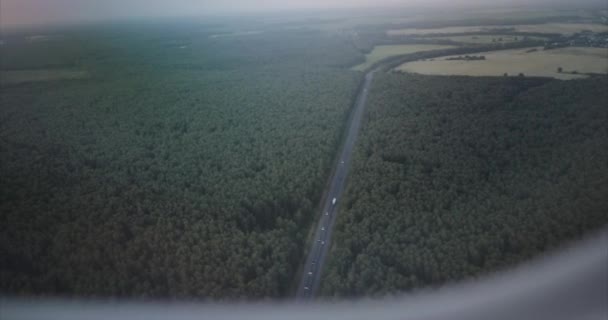 Vista desde el avión en el camino que se extiende a través de exuberante bosque — Vídeos de Stock