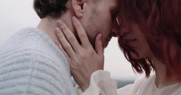 Happy man and woman hug in wild meadow at sunset — Vídeo de stock
