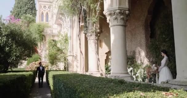 Jeune marié marche à côté des buissons verts au mariage et regarde à la mariée — Video