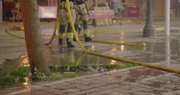 Firefighter takes firehose after putting out burning statues — Vídeo de stock