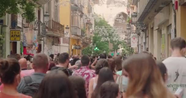 Mensen gekleed in kostuums hebben plezier op straat in Las Fallas — Stockvideo