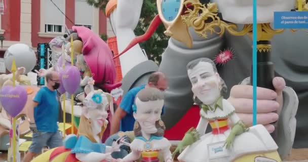 People set up decorations for celebrating Las Fallas. Valencia. Spain — Stock Video