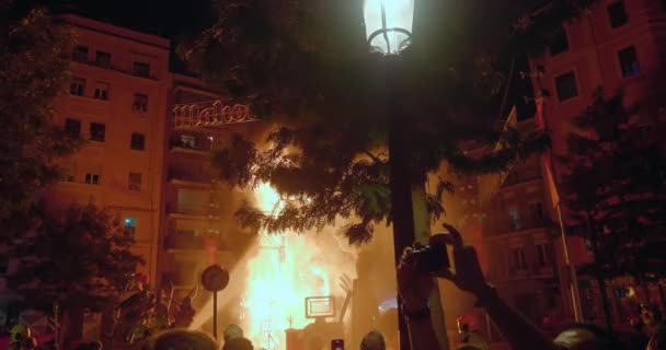 Menschen sehen zu, wie riesige Puppenfiguren auf dem Las-Fallas-Festival in Spanien verbrennen — Stockvideo