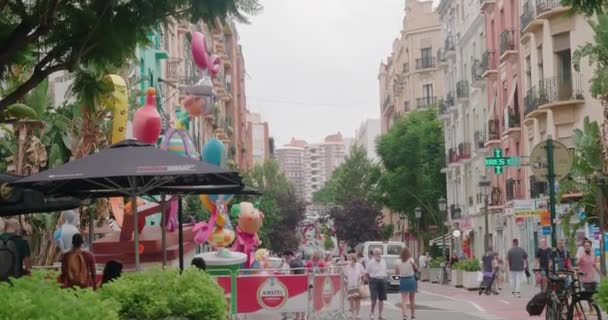 People gather on street to celebrate Las Fallas festival — Vídeo de Stock