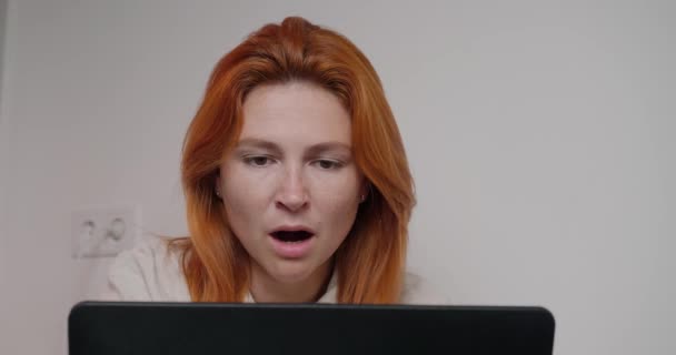 Successful Woman Red Hair Sitting Desk Yawning While Working Laptop — Stock Video