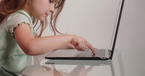 Kislány Elvégzi Feladatot Online Leckét Videó Hívás Laptopon Keresztül Aranyos — Stock videók