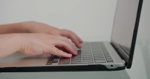 Fingers Schoolchild Push Keyboard Keys Modern Device Glass Desk White — Stock Video