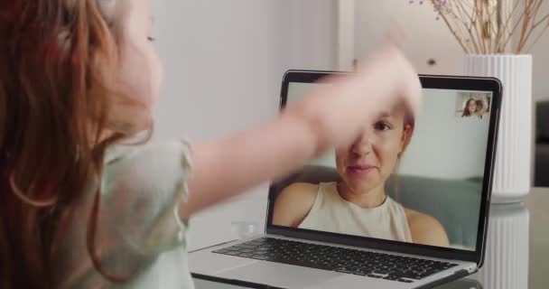 Daughter Shows Thumb Gesture Talking Motherr Video Call Modern Laptop — Stockvideo