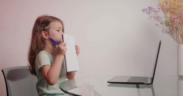 Diligent Girl Shows Finished Task Written Exercise Book Video Call — Stock Video