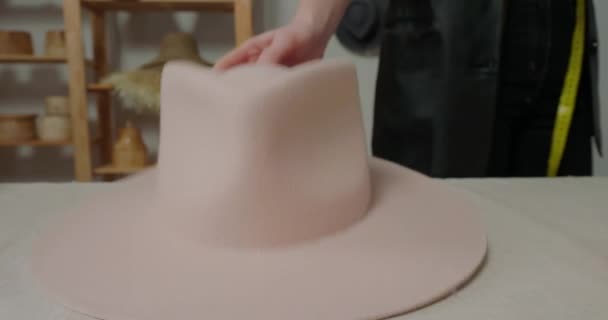 Milliner Puts Finished Felt Hat White Table Workshop Walking Away — Stock Video