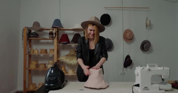 Woman Steams Felt Hat Body Pulled Wooden Mold Standing Table — Wideo stockowe