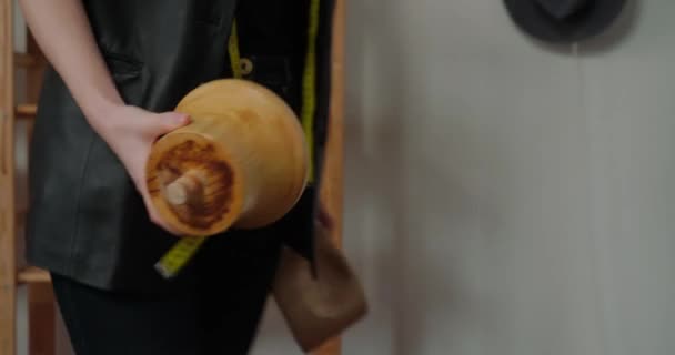Milliner Puts Wooden Mold Table Pull Felt Hat Body Workshop — Video Stock