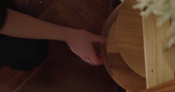 Woman Takes Wooden Hat Molds Shelf Workshop Work Hats Milliner — Stok video