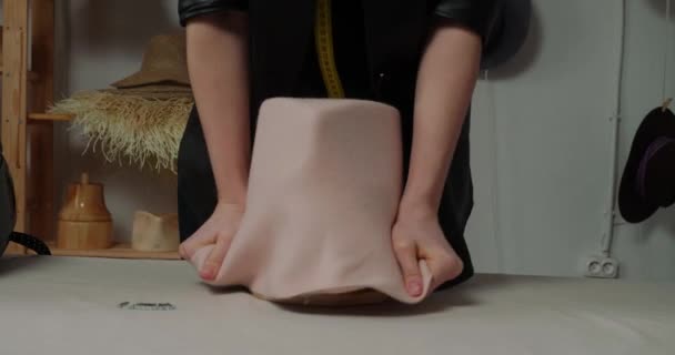 Milliner Pulls Felt Body Wooden Mold Trying Stretch Material Standing — Video Stock