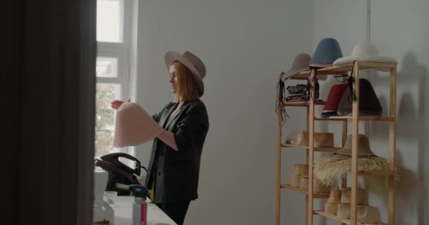 Stylish Woman Smears Glue Felt Body Standing Wooden Shelf Handmade — стоковое видео