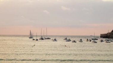 Tourist boats and yachts sail in sea near city port with shimmering water at sunset. Light waves roll on beach under cloudy sky. Twilight in touristic town
