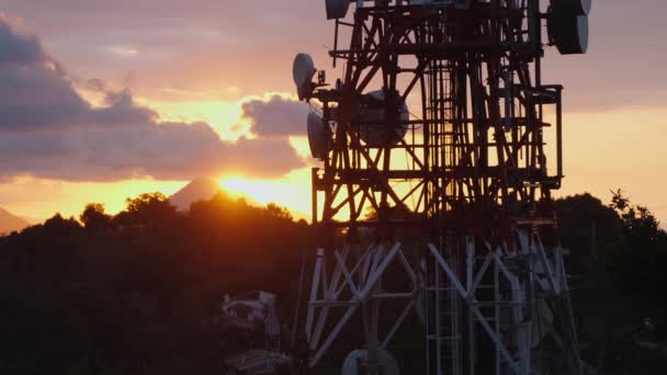Large Broadcast Tower Built Hill Lush Trees Growing Forest Sunset — Stockvideo