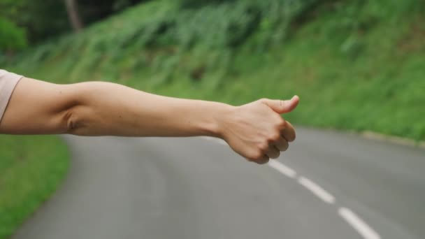 Woman Walks Roadside Showing Hitchhiking Hand Gesture Stop Passing Car — Stok video