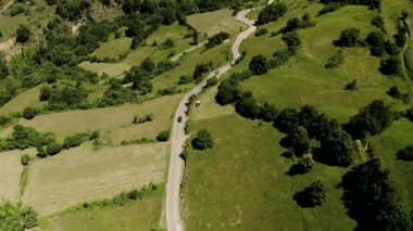 Car drives on road curving along hills ridge in highland on sunny summer day. Green trees and grass grow on high slopes in mountainous area aerial view