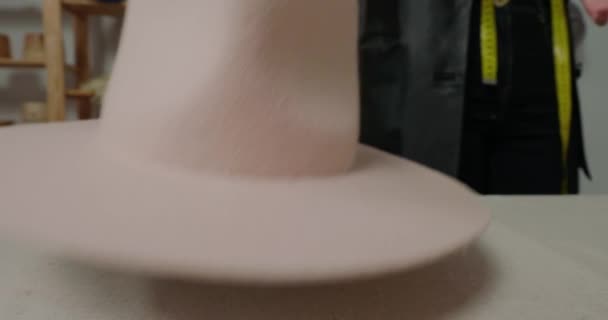 Milliner Puts Finished Felt Hat White Table Workshop Walking Away — Stock Video