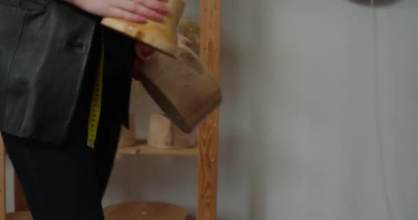Milliner Puts Wooden Mold Table Pull Felt Hat Body Workshop — Stockvideo