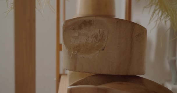 Woman Takes Wooden Molds Standing Shelf Workshop Shape Hat Professional — Αρχείο Βίντεο