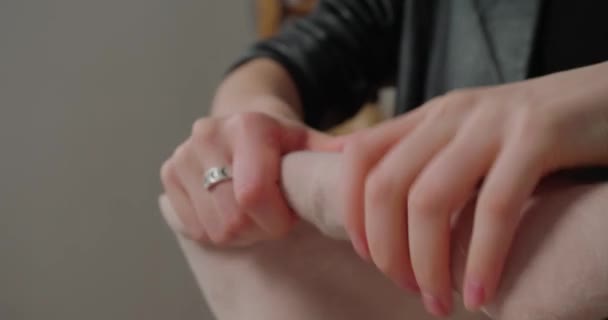 Hands Woman Twist Felt Body Absorb Glue Material Grey Background — Stock Video