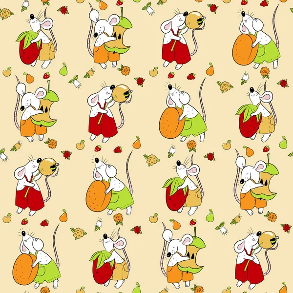 Muster Mit Verschiedenen Mäusen Hose Und Früchten Animalistischer Vektorhintergrund Gelb — Stockvektor